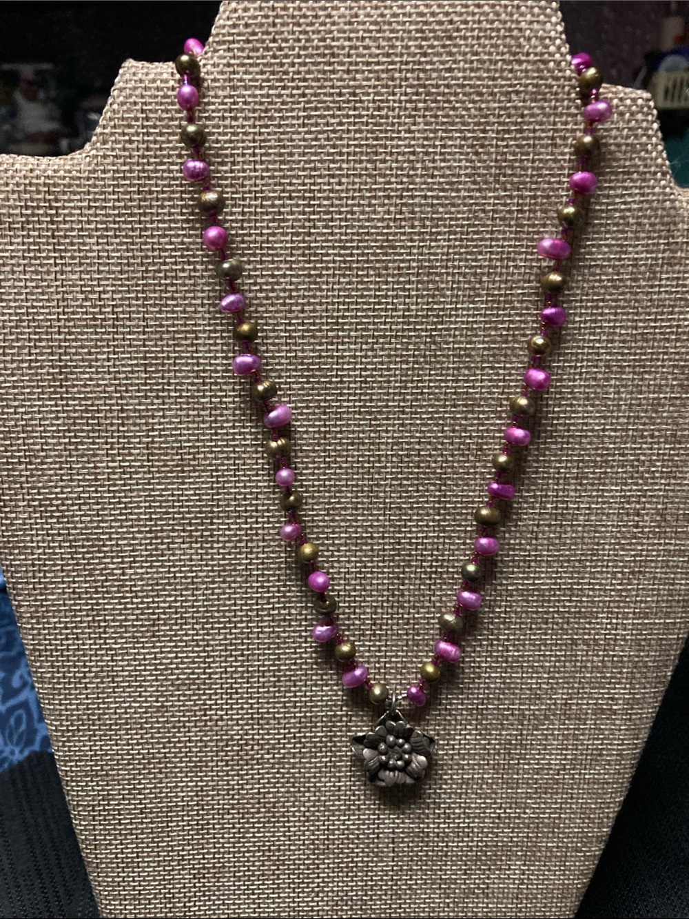 Purple Pink and Bronze Rice Pearl Beaded Necklace with Floral Pendant